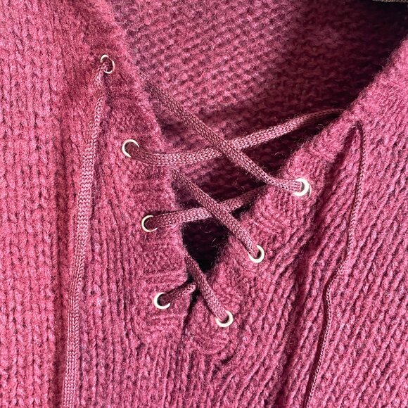 Vtg R&R Sweater LARGE Maroon Lace Up Front Wool Blend Cabincore - Picture 3 of 7